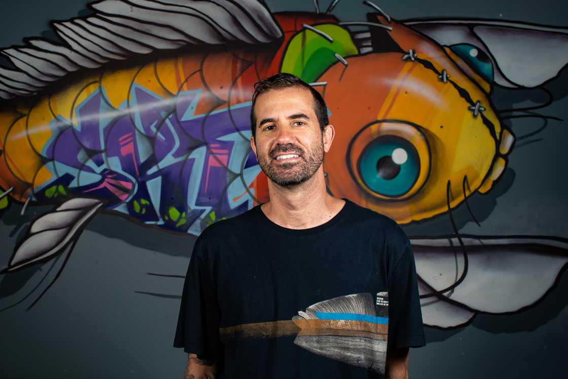 Brazilian professional skateboarder Bob Burnquist poses for a photo at his NGO in Gigoia Island