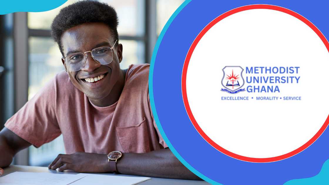 A smiling young male student sitting with exam papers and Methodist University College Ghana logo