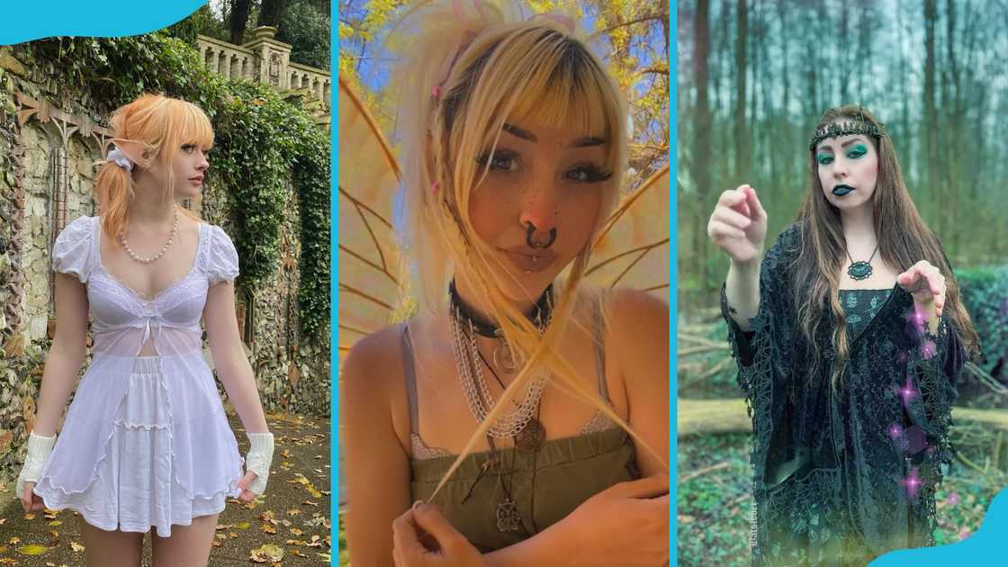 Fairycore aesthetic fashion ideas: elf girl in white (L), fairy in green (C), witch in green (R) Fairycore aesthetic fashion ideas: elf girl in white (L), fairy in green (C), witch in green (R)