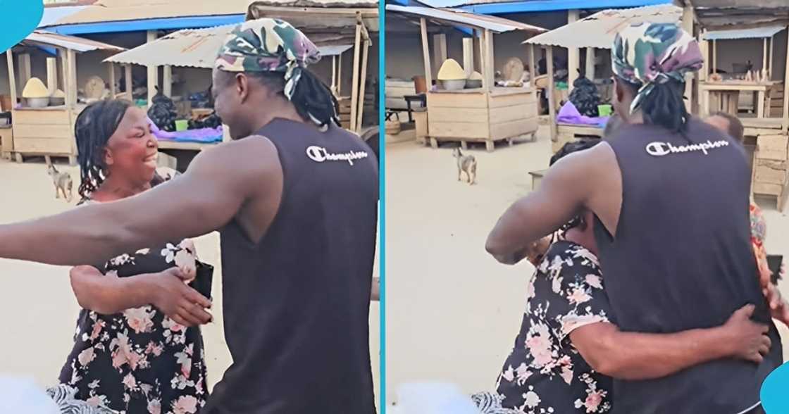 Ghanaian man, German borga, returns home, surprises mother, market woman. Ghanaian man, German borga, returns home, surprises mother, market woman.