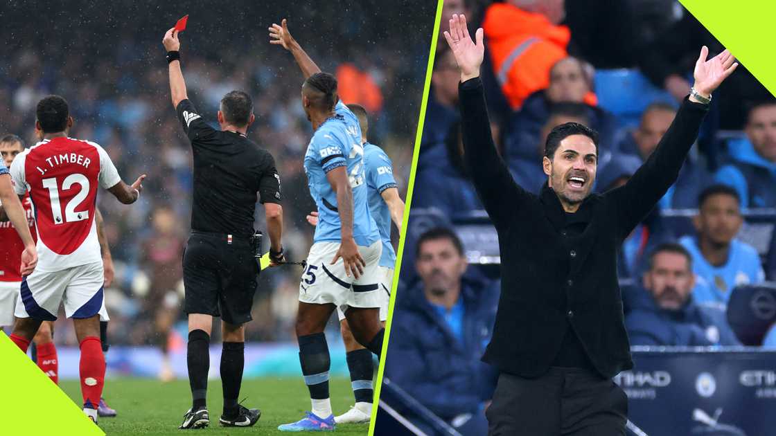 Mikel Arteta reacts angrily to Leandro Trossard's controversial red card during Arsenal's 2-2 draw with Manchester City.