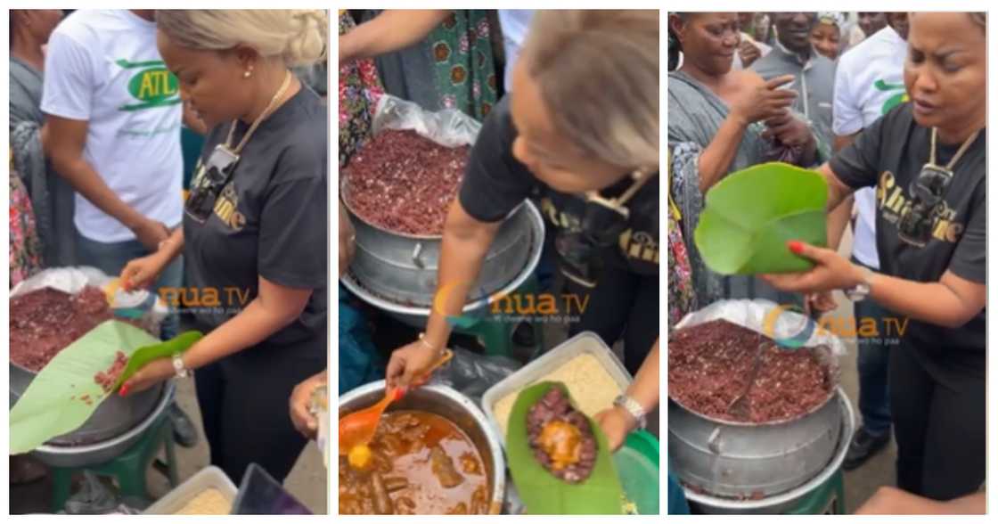 Nana Ama McBrown helps waakye seller to sell, people rush to buy