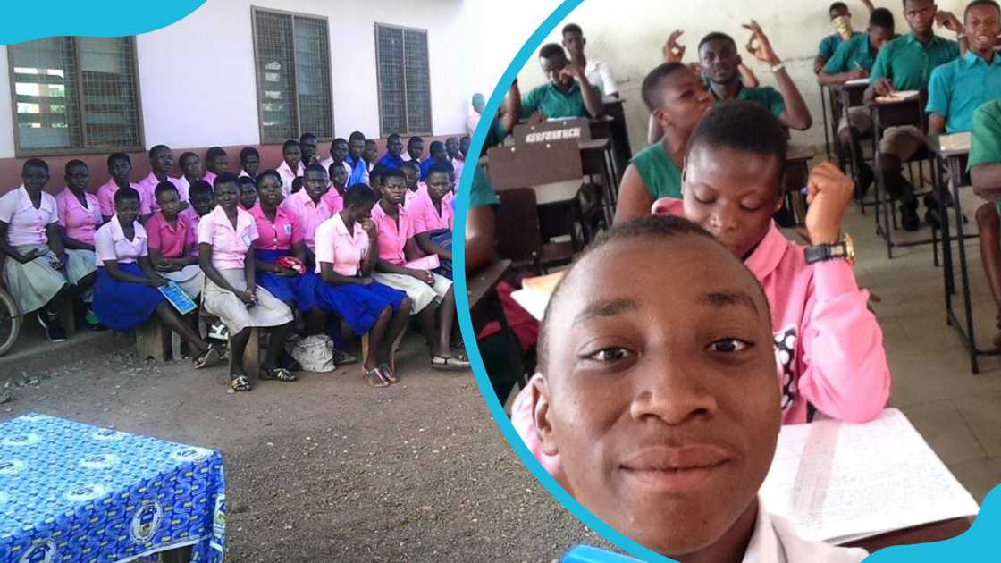 students from Birifoh Senior High School sitting outside a classroom and Funsi Senior High School students in class students from Birifoh Senior High School sitting outside a classroom and Funsi Senior High School students in class