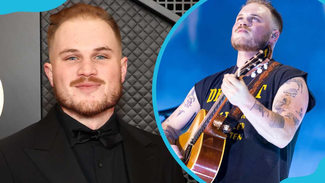 Zach Bryan attends the 66th GRAMMY Awards at Crypto.com Arena (L), and he performs in support of his "The Quittin Time Tour 2024" (R)