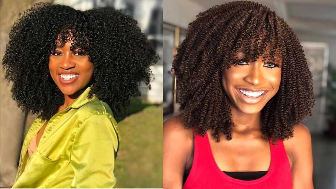 Women in Spiraled kinky styles with bangs Women in Spiraled kinky styles with bangs