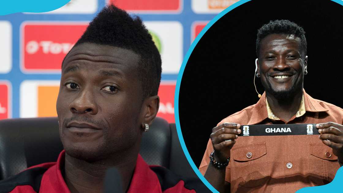 Asamoah Gyan attends a press conference at the Port-Gentil stadium (L). He shows the ticket Ghana in Abidjan (R)