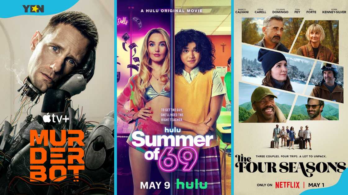 Apple TV's Murderbot Season 1 (L), Hulu's Summer of 69 (C), Netflix's The Four Seasons (R) promotional posters. Apple TV's Murderbot Season 1 (L), Hulu's Summer of 69 (C), Netflix's The Four Seasons (R) promotional posters.