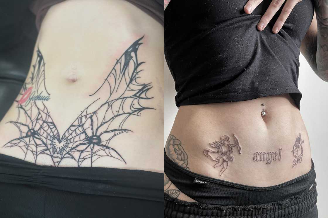Ladies in black are showcasing their lower abdomen tattoos Ladies in black are showcasing their lower abdomen tattoos
