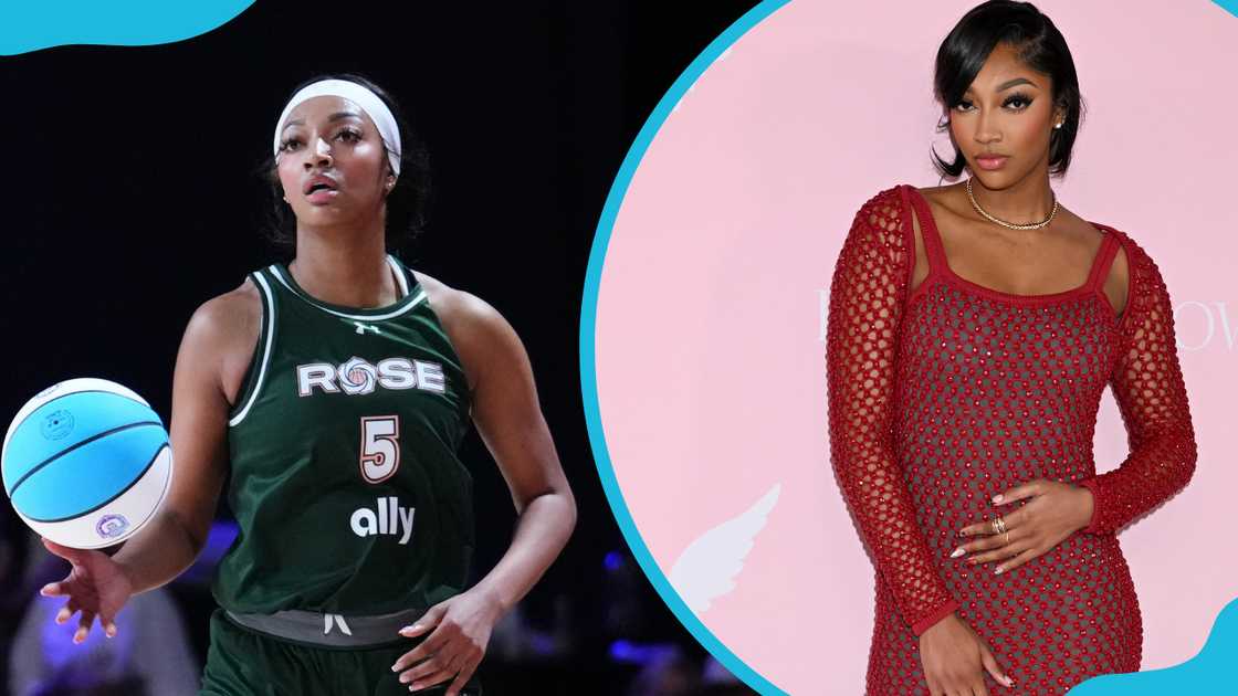 Angel Reese dribbles the ball up the court against the Lunar Owls (L) and attends the Victoria's Secret Fashion Show 2024 in New York City (R) Angel Reese dribbles the ball up the court against the Lunar Owls (L) and attends the Victoria's Secret Fashion Show 2024 in New York City (R)