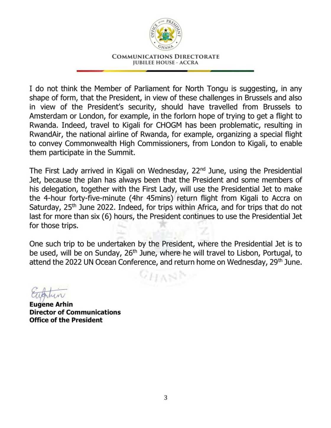 Page 3 of the Presidency's response. Source: UGC Page 3 of the Presidency's response. Source: UGC