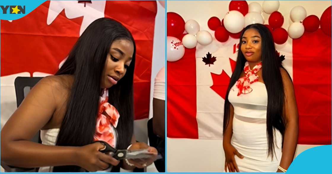 Photo a young lady cutting her PR card after she becomes a Canadian citizen