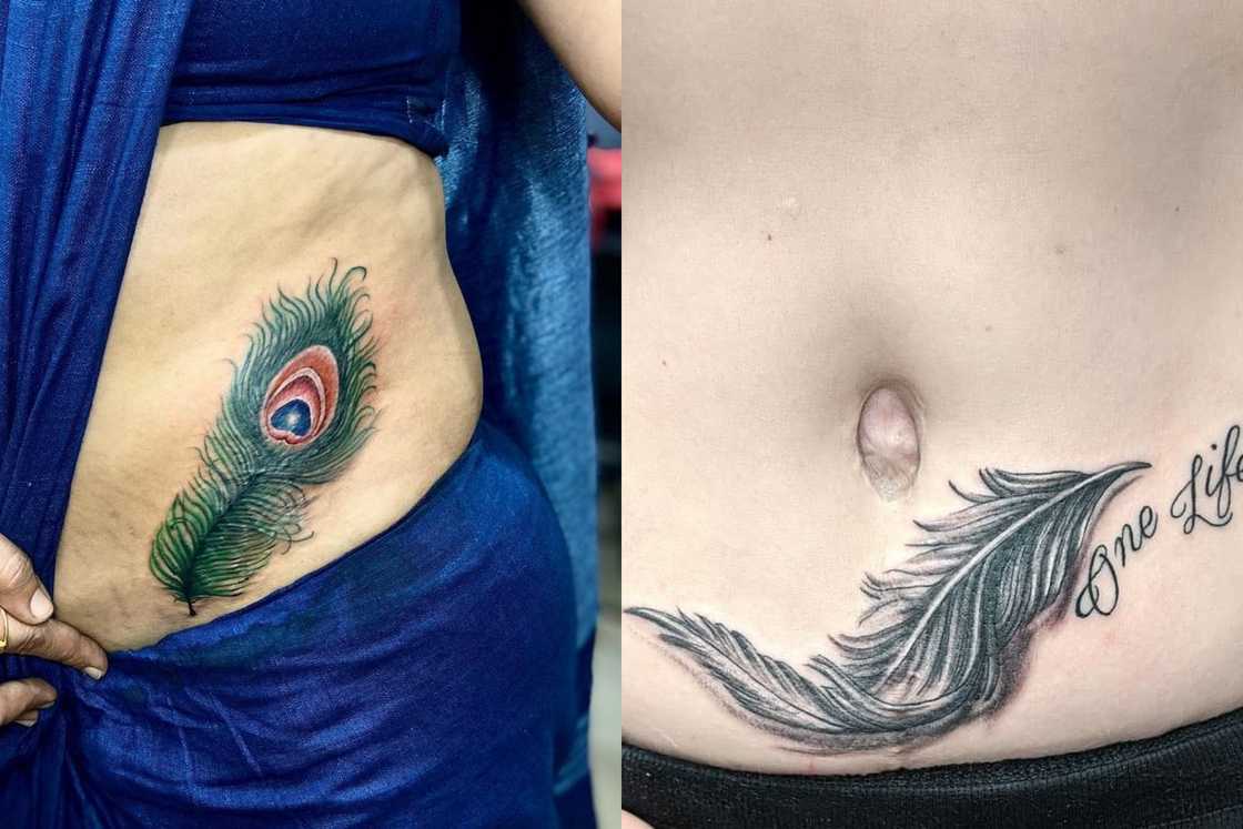 A lady with a coloured feather tattoo (L) and another one with a black feather tattoo (R) A lady with a coloured feather tattoo (L) and another one with a black feather tattoo (R)