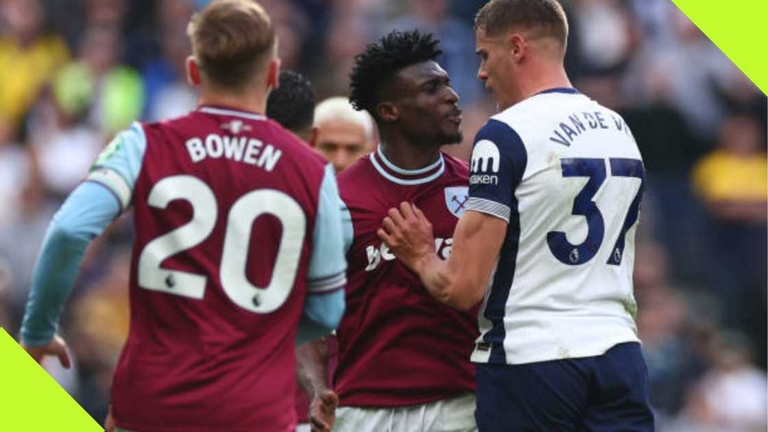 Mohammed Kudus and Micky Van de Ven during the EPL match between West Ham and Spurs.