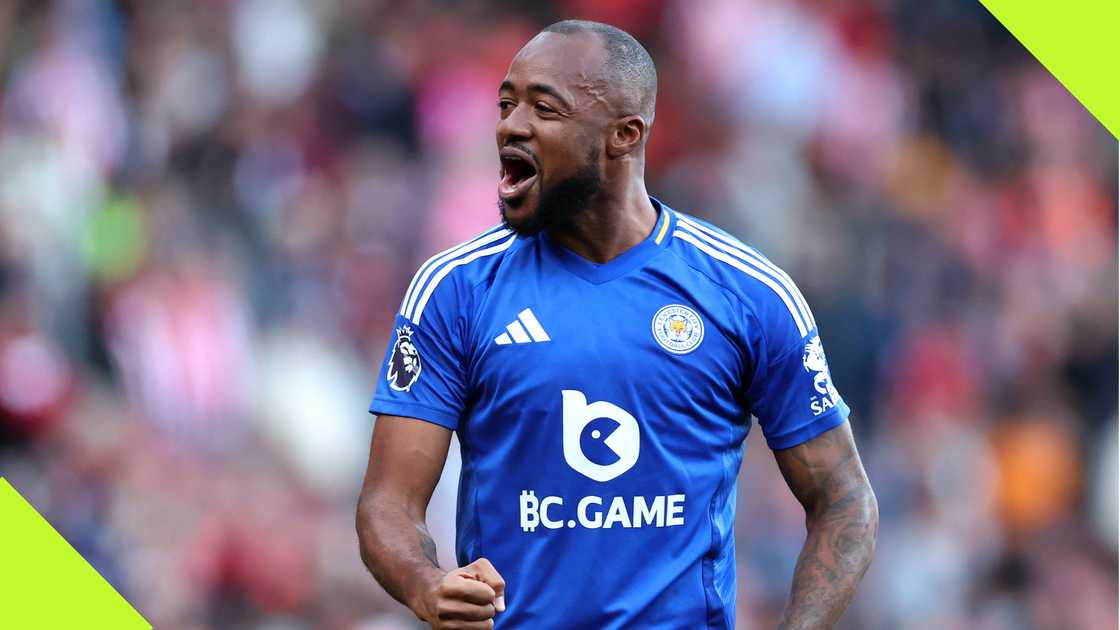 Ghana Black Stars forward Jordan Ayew celebrates after his last-gasp goal sealed a dramatic 3-2 win for Leicester City at St. Mary's Stadium.