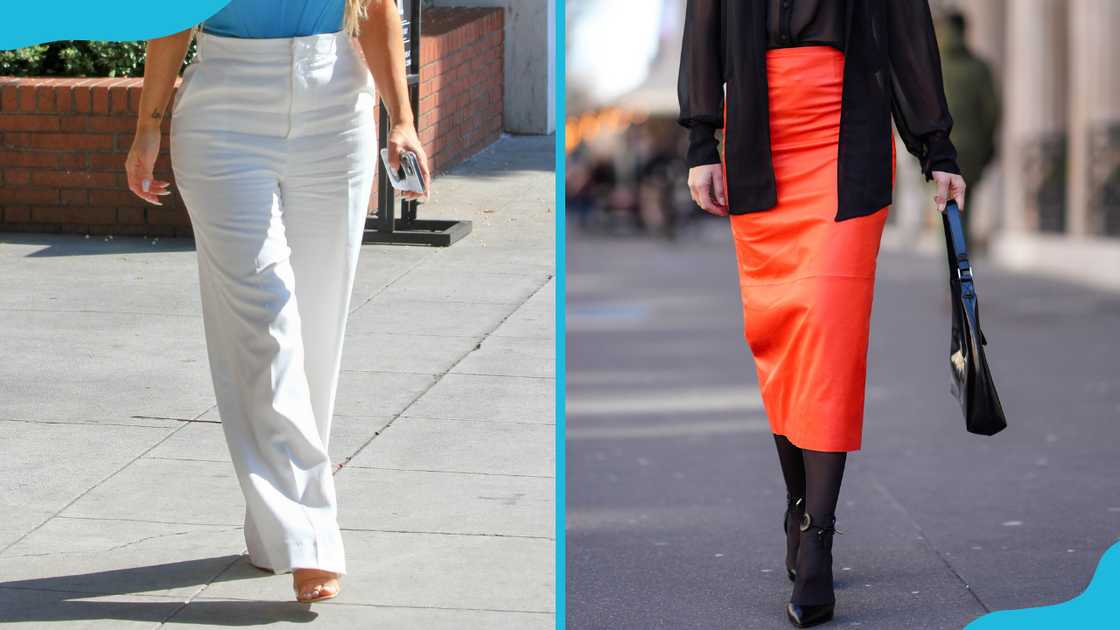 A high-waist white trousers (L) and a high-waist orange mid-length pencil skirt (R) A high-waist white trousers (L) and a high-waist orange mid-length pencil skirt (R)