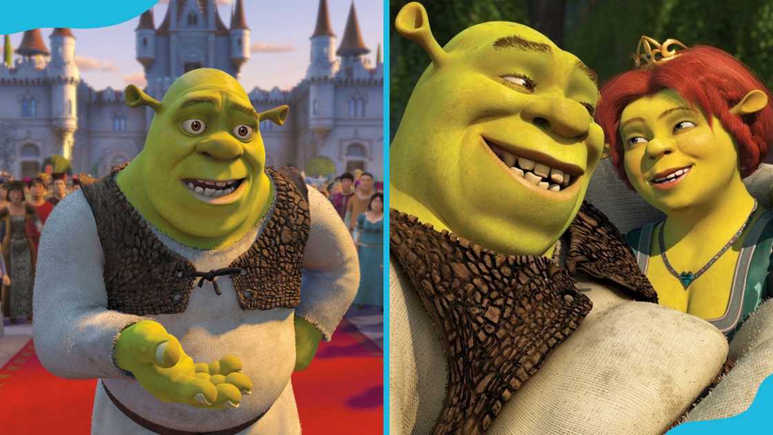 Shrek stretching out his hand (L), and smiling at Princess Fiona Shrek stretching out his hand (L), and smiling at Princess Fiona