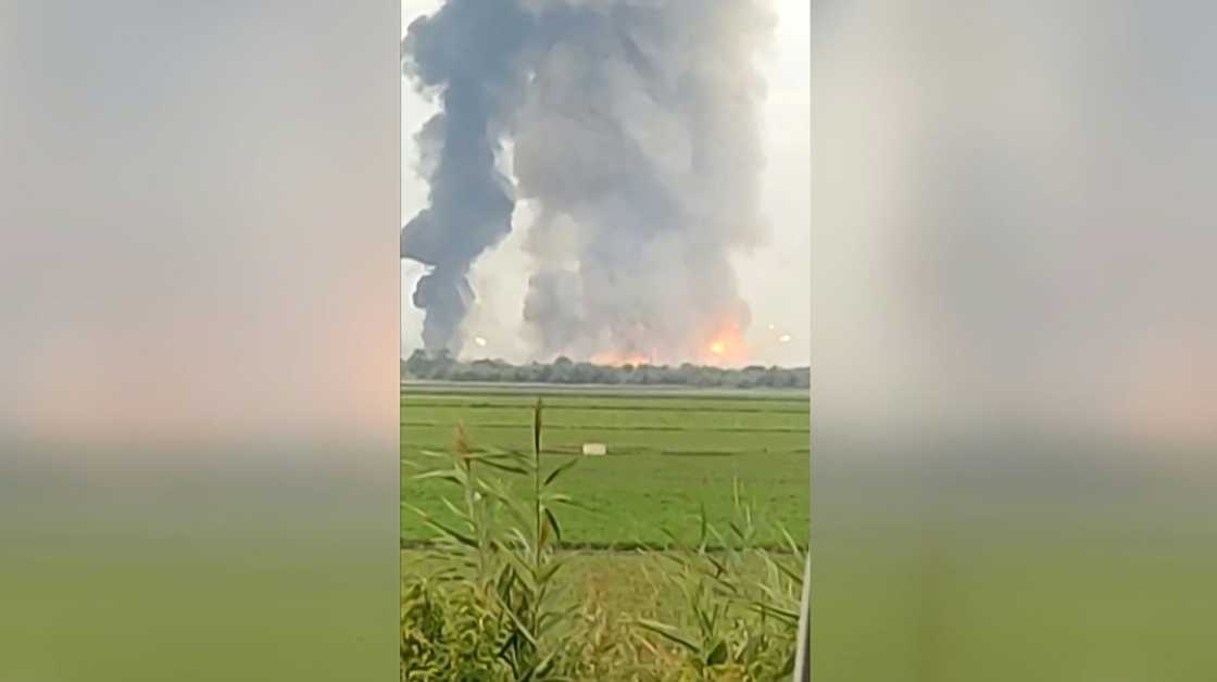 Russia's defence ministry said a series of explosions at an ammunitions storage facility near the village of Dzhankoi were an act of "sabotage" Russia's defence ministry said a series of explosions at an ammunitions storage facility near the village of Dzhankoi were an act of "sabotage"