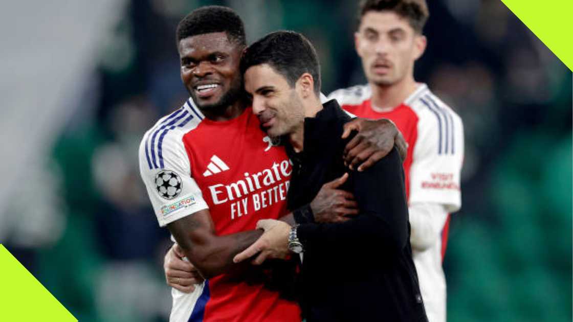 Thomas Partey and Mikel Arteta celebrate Arsenal win. Thomas Partey and Mikel Arteta celebrate Arsenal win.