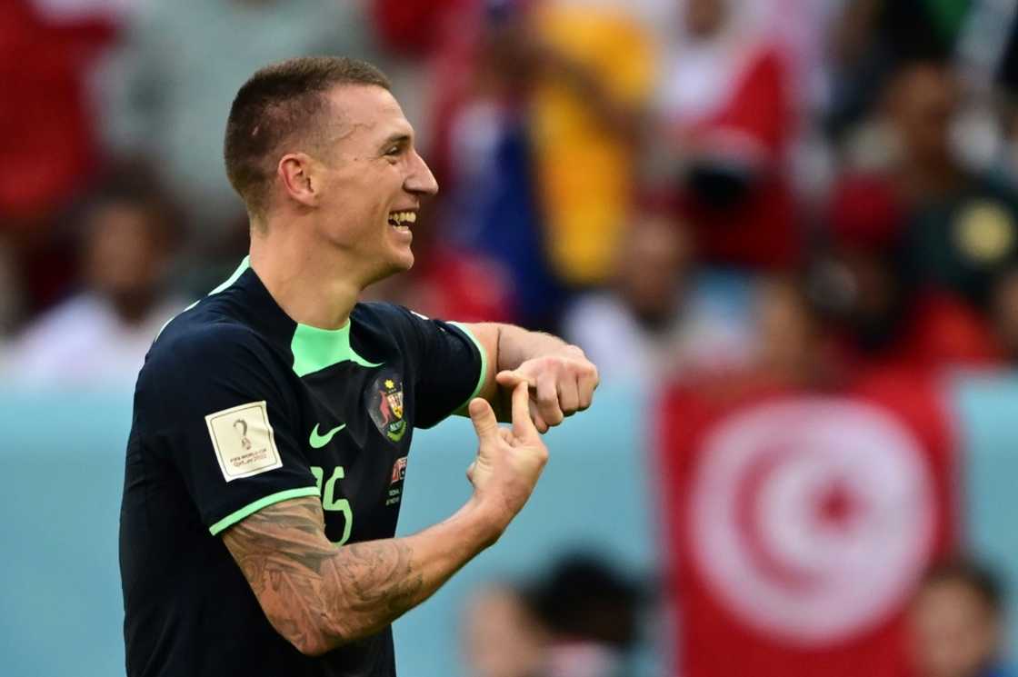 Australia's Mitchell Duke celebrates scoring against Tunisia at the World Cup in Qatar