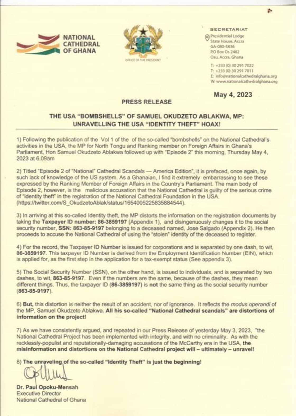 National Cathedral Secretariat accuses Ablakwa of distorting facts. National Cathedral Secretariat accuses Ablakwa of distorting facts.