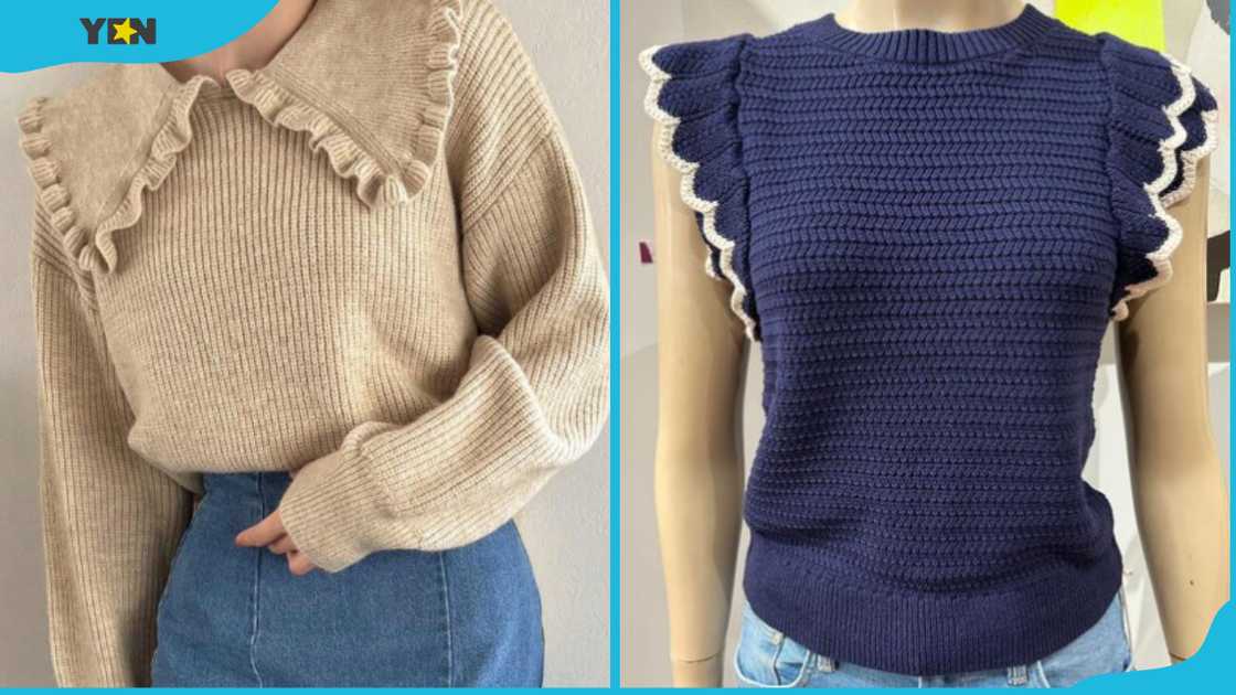 Two types of ruffle-trim sweaters Two types of ruffle-trim sweaters