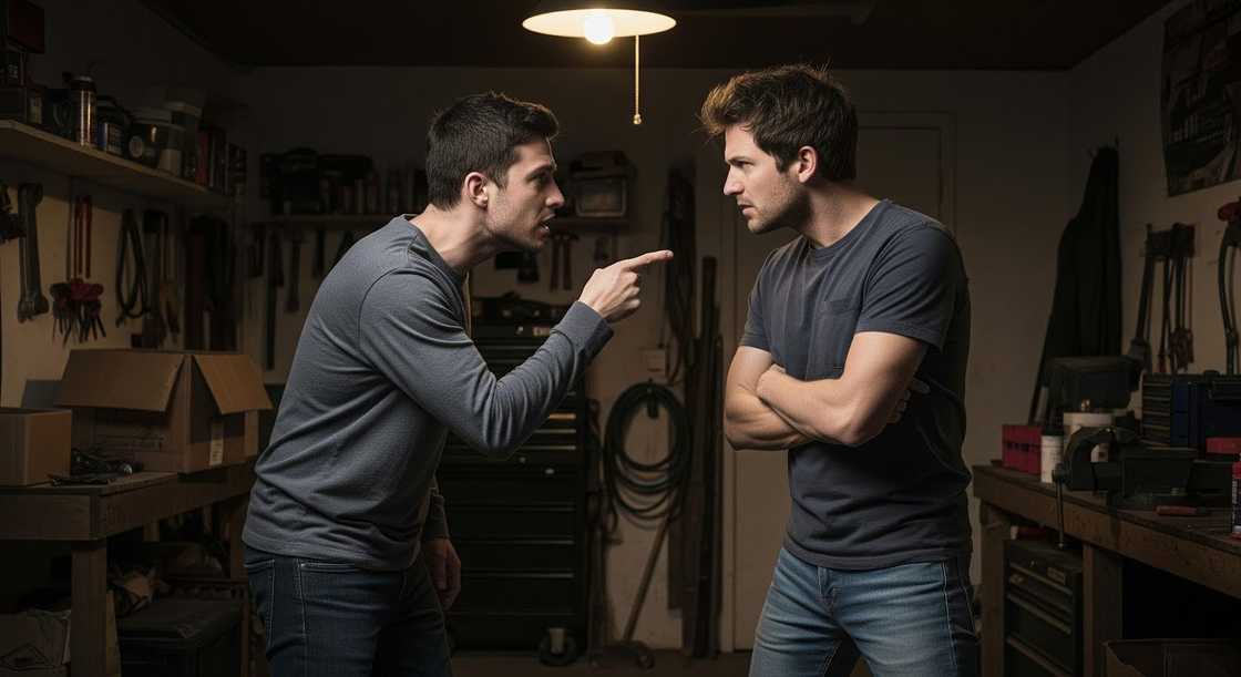 Two people arguing in dimly lit garage. Two people arguing in dimly lit garage.