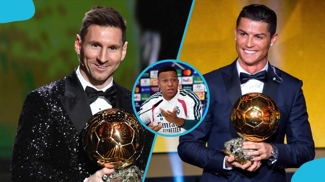 Lionel Messi, Cristiano Ronaldo, Kylian Mbappe, Messi vs Ronaldo, Mbappe names Ballon d'Or GOAT, Greatest Ballon d'Or winner of all time. Lionel Messi, Cristiano Ronaldo, Kylian Mbappe, Messi vs Ronaldo, Mbappe names Ballon d'Or GOAT, Greatest Ballon d'Or winner of all time.