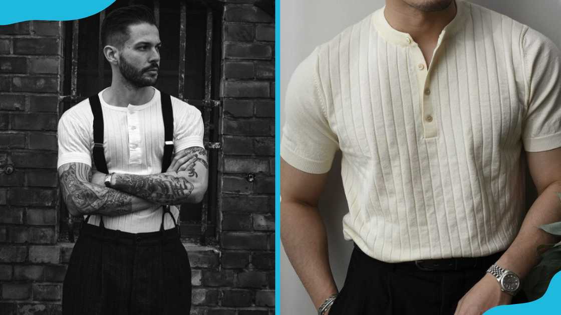 A man in a Henley shirt and suspenders and another in a cream Henley shirt A man in a Henley shirt and suspenders and another in a cream Henley shirt