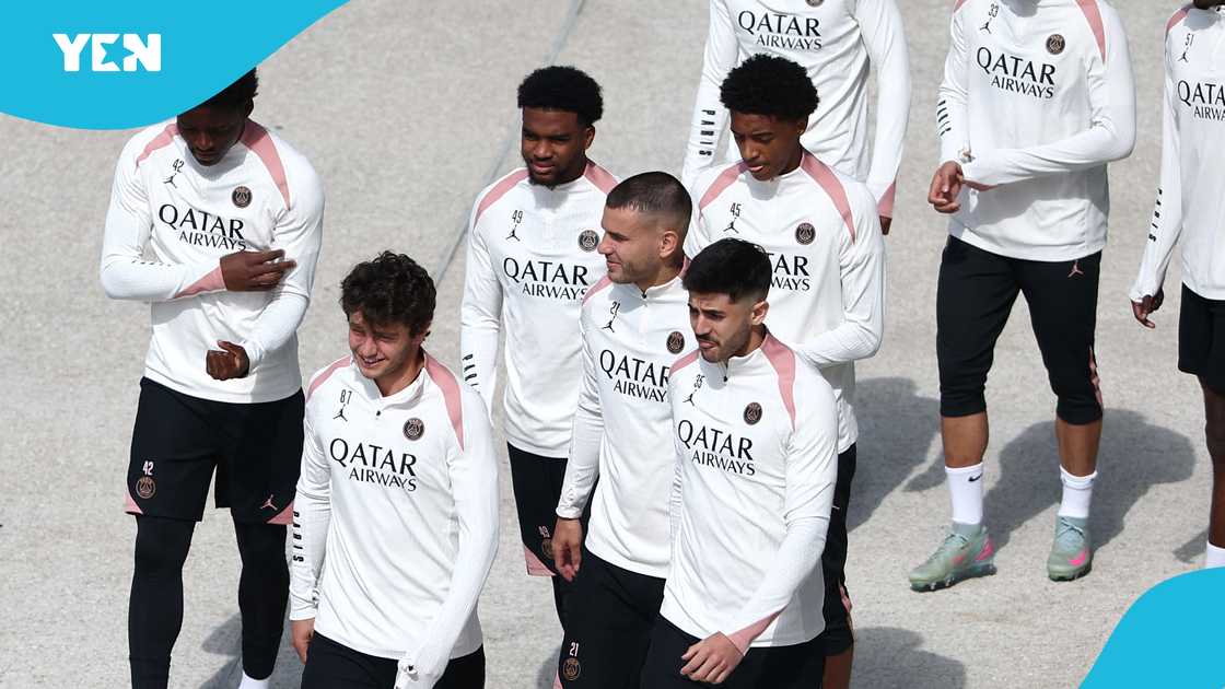 PSG players train ahead of their UEFA Champions League match semis second leg against Arsenal on May 7, 2025 PSG players train ahead of their UEFA Champions League match semis second leg against Arsenal on May 7, 2025