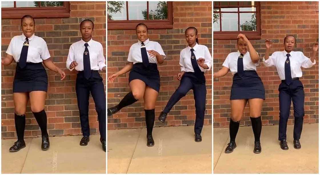 Photos of 2 female students in blue and white uniform dancing outside classroom.