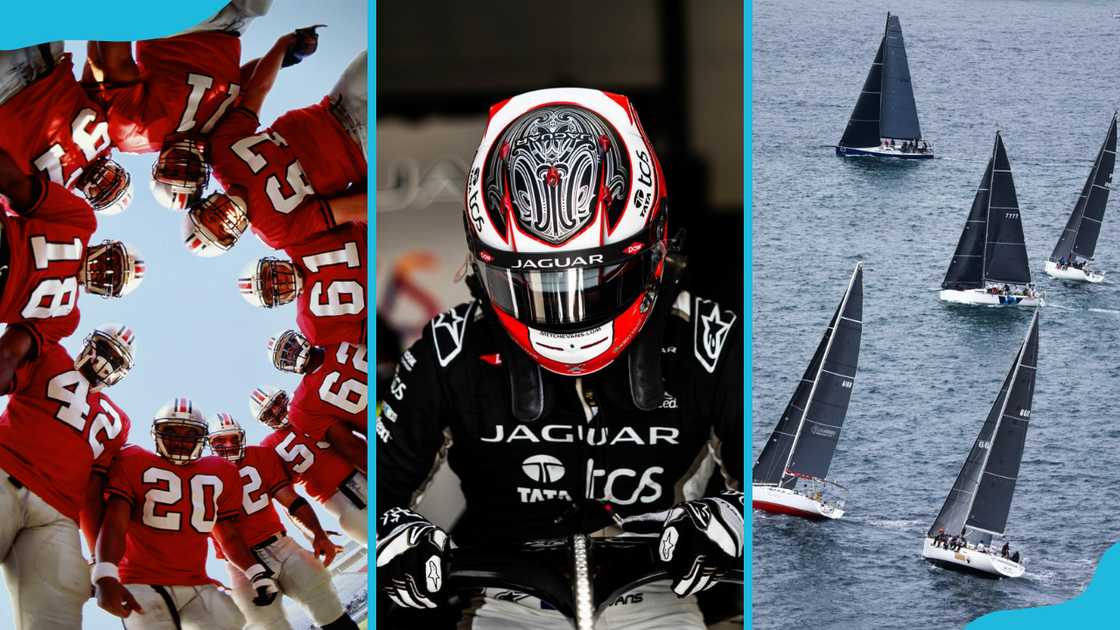 American football, Formula One car racing, and yacht racing depicted side by side. American football, Formula One car racing, and yacht racing depicted side by side.
