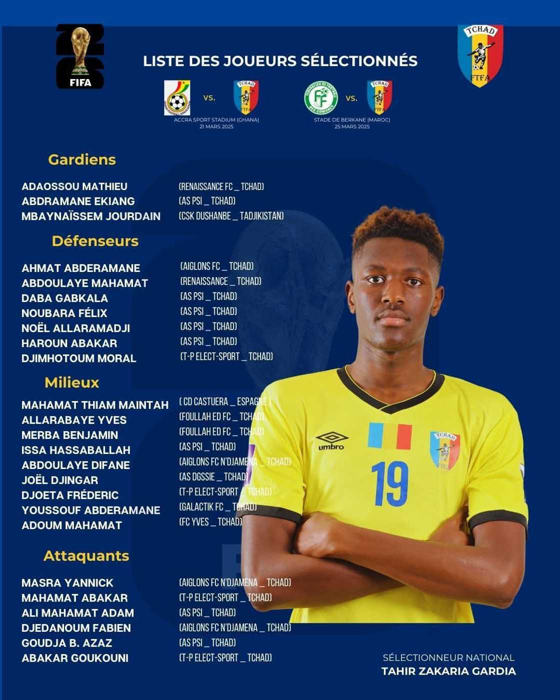 Final squad list of Chad for the FIFA World Cup 2026 qualifiers against the Black Stars of Ghana and Comoros Final squad list of Chad for the FIFA World Cup 2026 qualifiers against the Black Stars of Ghana and Comoros