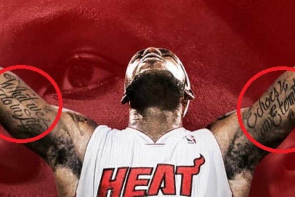 "What we do in life echoes in eternity" tattoo is inked on LeBron James' biceps "What we do in life echoes in eternity" tattoo is inked on LeBron James' biceps