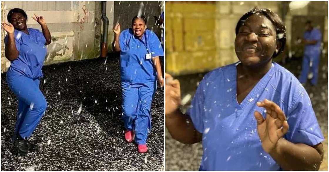 Ghanaian nurses enjoy snow for the first time in the UK.