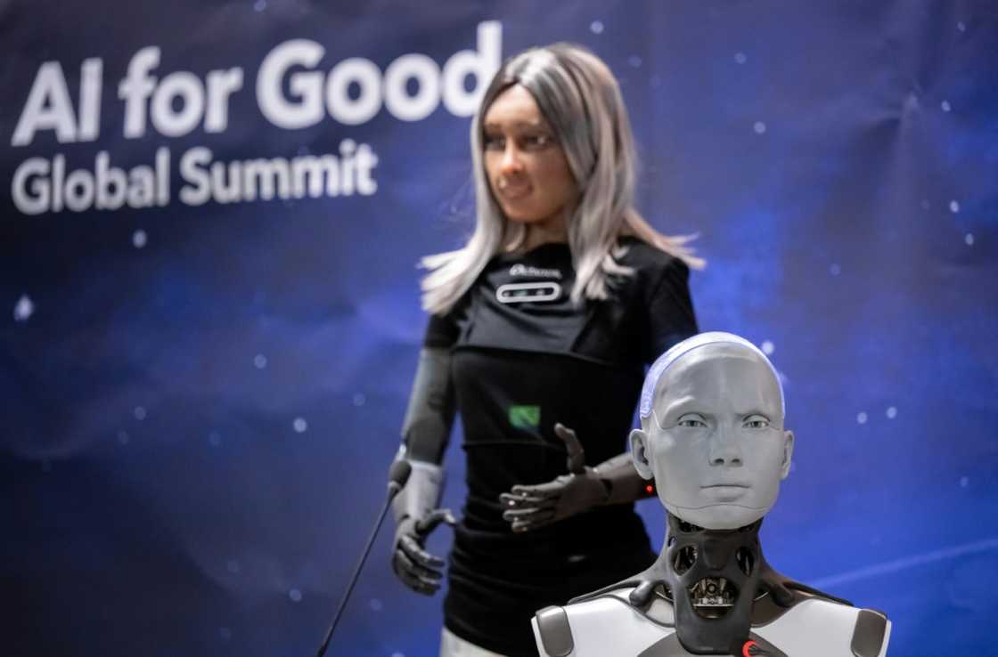 AI-enabled humanoid social robots Mika and Ameca fielded questions at the AI for Good Global Summit press conference AI-enabled humanoid social robots Mika and Ameca fielded questions at the AI for Good Global Summit press conference