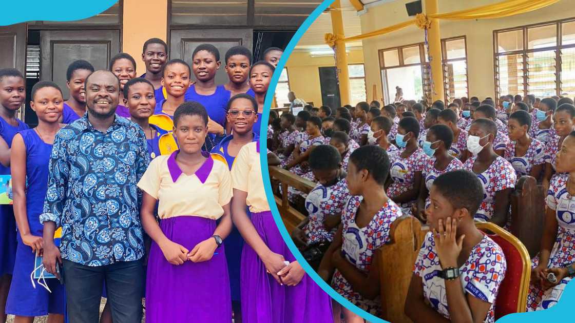 Axim Girls Senior High students smiling after a contest and the girls listen to a speech in the school hall Axim Girls Senior High students smiling after a contest and the girls listen to a speech in the school hall