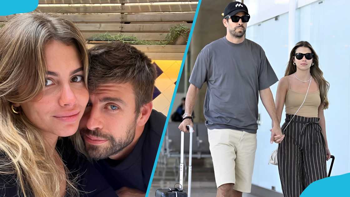 Gerard Piqué and his girlfriend Clara Chía Marti pose for a selfie (L) and at the airport (R) Gerard Piqué and his girlfriend Clara Chía Marti pose for a selfie (L) and at the airport (R)