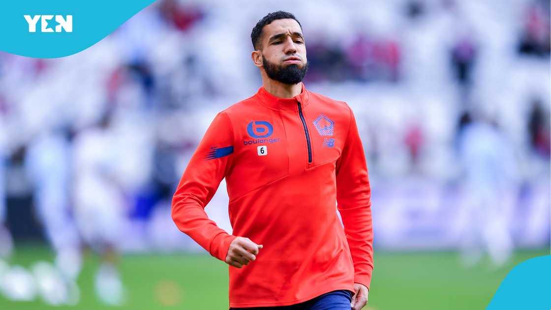 Nabil Bentaleb of Lille OSC stares ahead of the UEFA Europa Conference League 2023/24 quarter-final second leg match between Lille OSC and Aston Villa at Stade Pierre-Mauroy on April 18, 2024 in Lille, France Nabil Bentaleb of Lille OSC stares ahead of the UEFA Europa Conference League 2023/24 quarter-final second leg match between Lille OSC and Aston Villa at Stade Pierre-Mauroy on April 18, 2024 in Lille, France