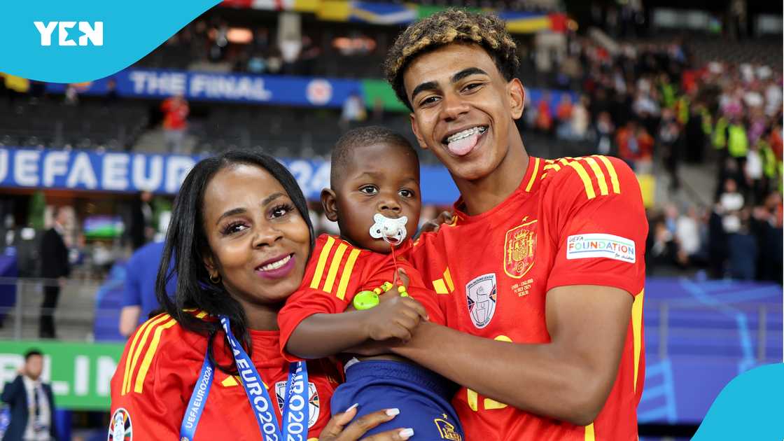Lamine Yamal posed with his mother Sheila Ebana and his stepbrother after winning the UEFA European Championship in 2024. Lamine Yamal posed with his mother Sheila Ebana and his stepbrother after winning the UEFA European Championship in 2024.
