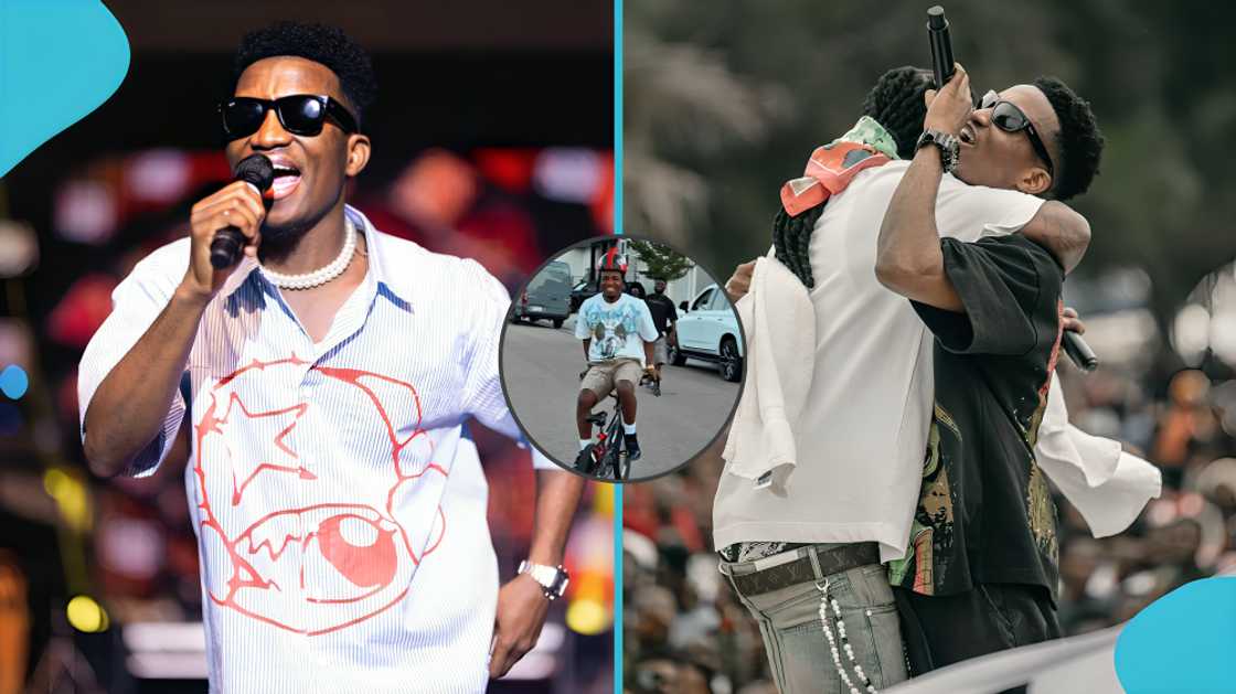 Kofi Kinaata, cycling backwards, Ghanaian musician, Auntie Ama, Takoradi artist, stunt performance, bycycle