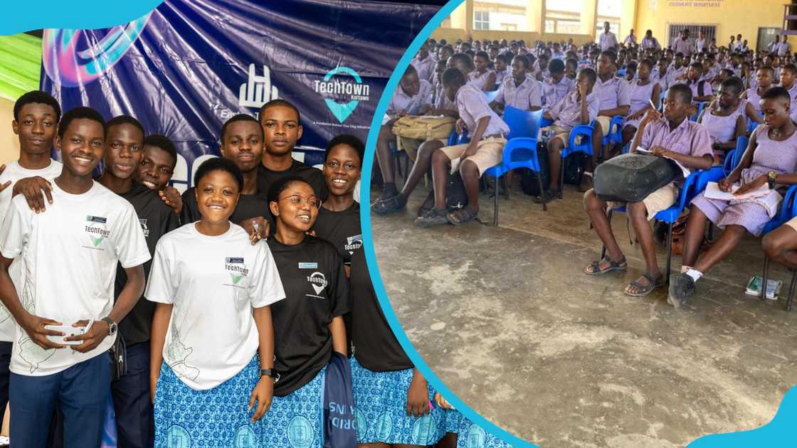 Students from Koforidua Technical Institute after a tech symposium and students from Anlo Technical Institute listening to a speaker Students from Koforidua Technical Institute after a tech symposium and students from Anlo Technical Institute listening to a speaker