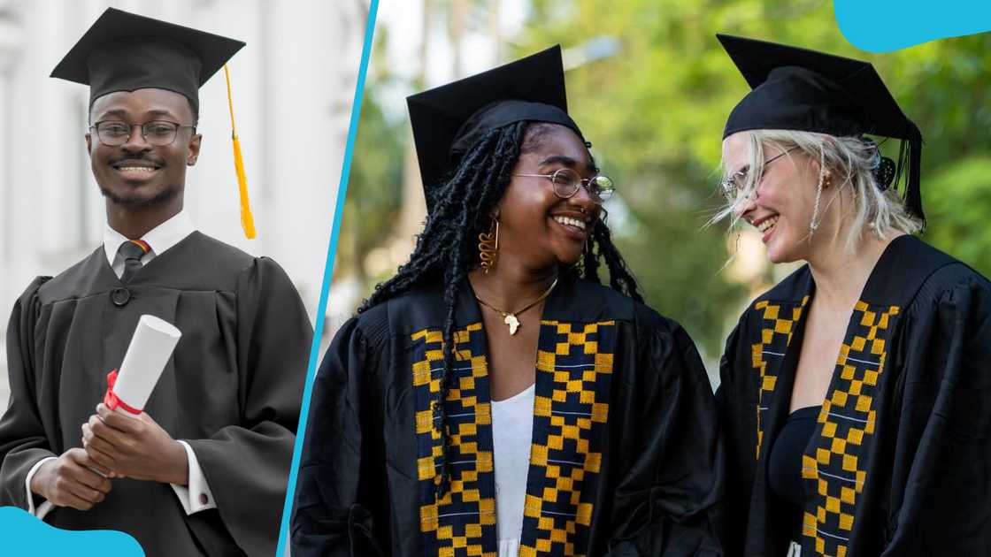 A smiling male graduate and two female college graduates wearing caps and gowns share a laugh on campus. A smiling male graduate and two female college graduates wearing caps and gowns share a laugh on campus.