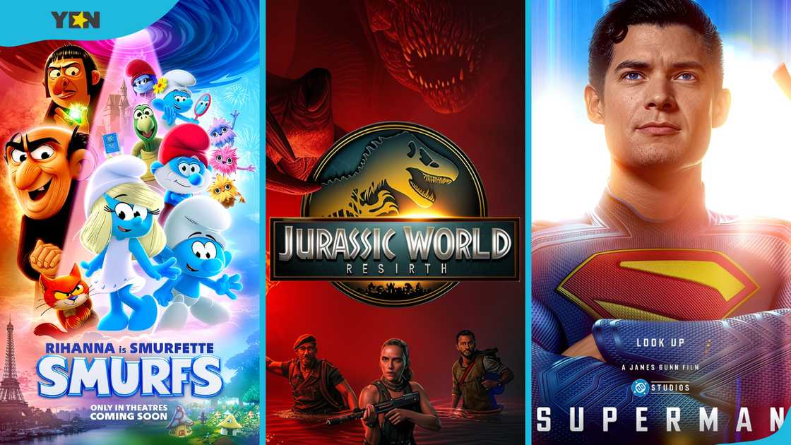 Smurfs (L), Jurassic World: Rebirth (C), and Superman (R) cover art. Smurfs (L), Jurassic World: Rebirth (C), and Superman (R) cover art.