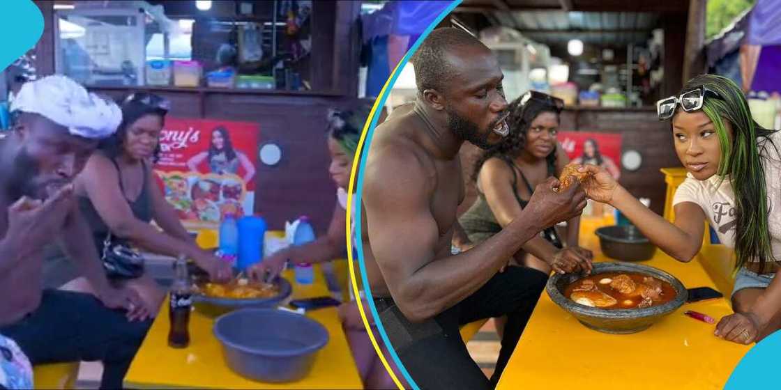 Ras Nene and Efia Odo eating fufu at a chop bar Ras Nene and Efia Odo eating fufu at a chop bar