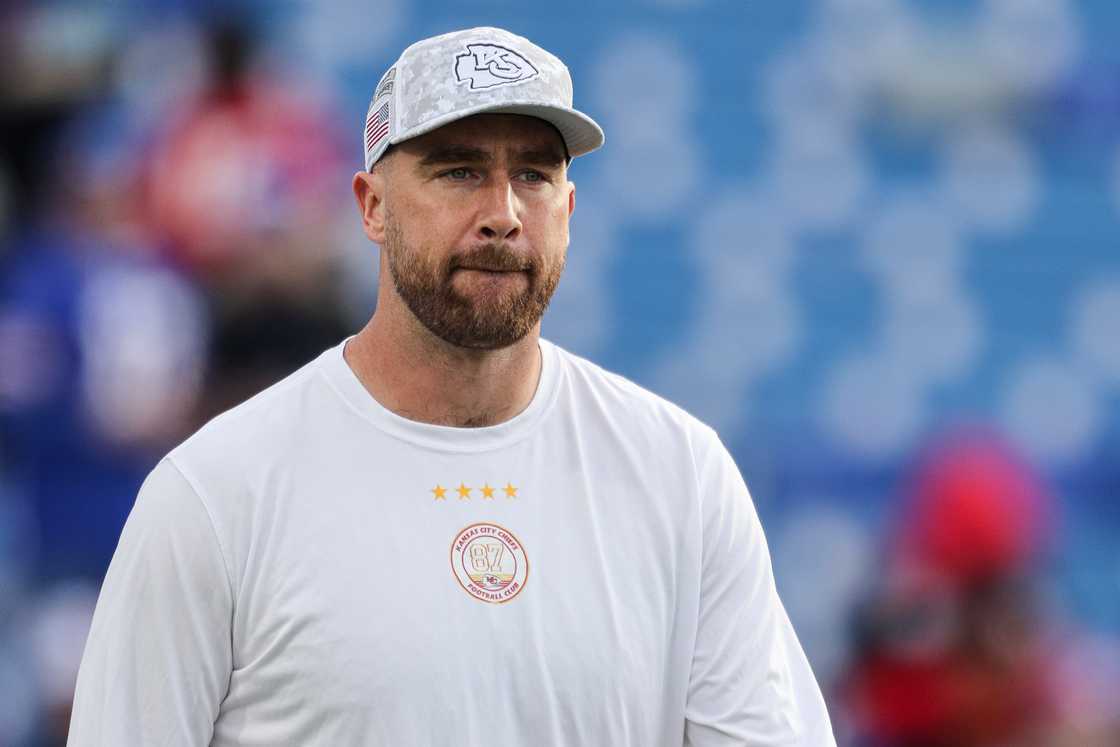 Travis Kelce looks on before a game against the Buffalo Bills Travis Kelce looks on before a game against the Buffalo Bills