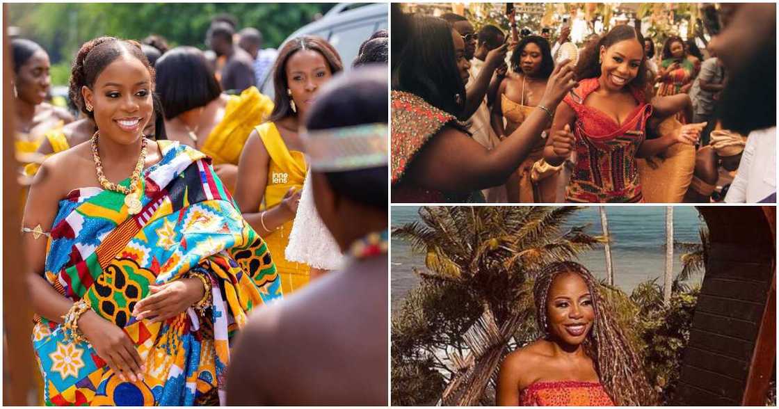 Otumfuo's Gorgeous Niece Princess Emily Victoria Dazzles In Sleeveless Corseted Kente Gown And Versace Handbag