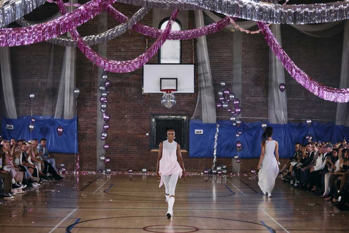 Londoner Sinead Gorey's latest collection is a throwback to the 'great British dance', with the catwalk set on a sequined basketball court and topped off with a disco ball.