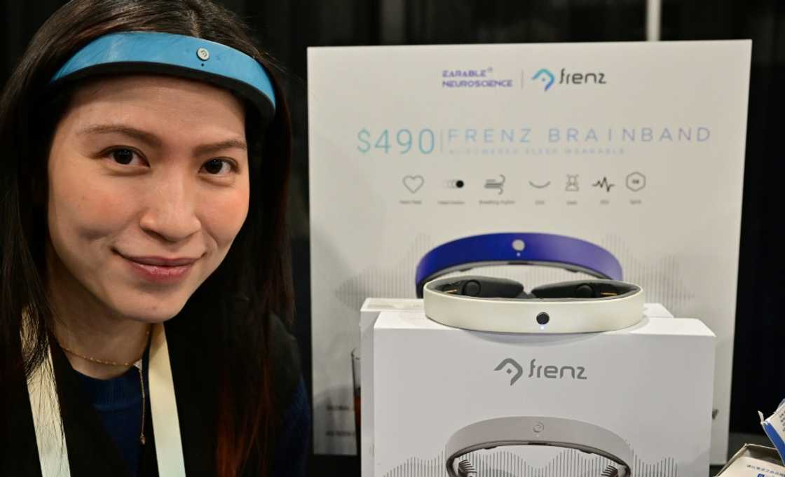 Kim Doan, head of investments at Earable, presents the "Brainband" at the Las Vegas tech show, January 7, 2024 Kim Doan, head of investments at Earable, presents the "Brainband" at the Las Vegas tech show, January 7, 2024