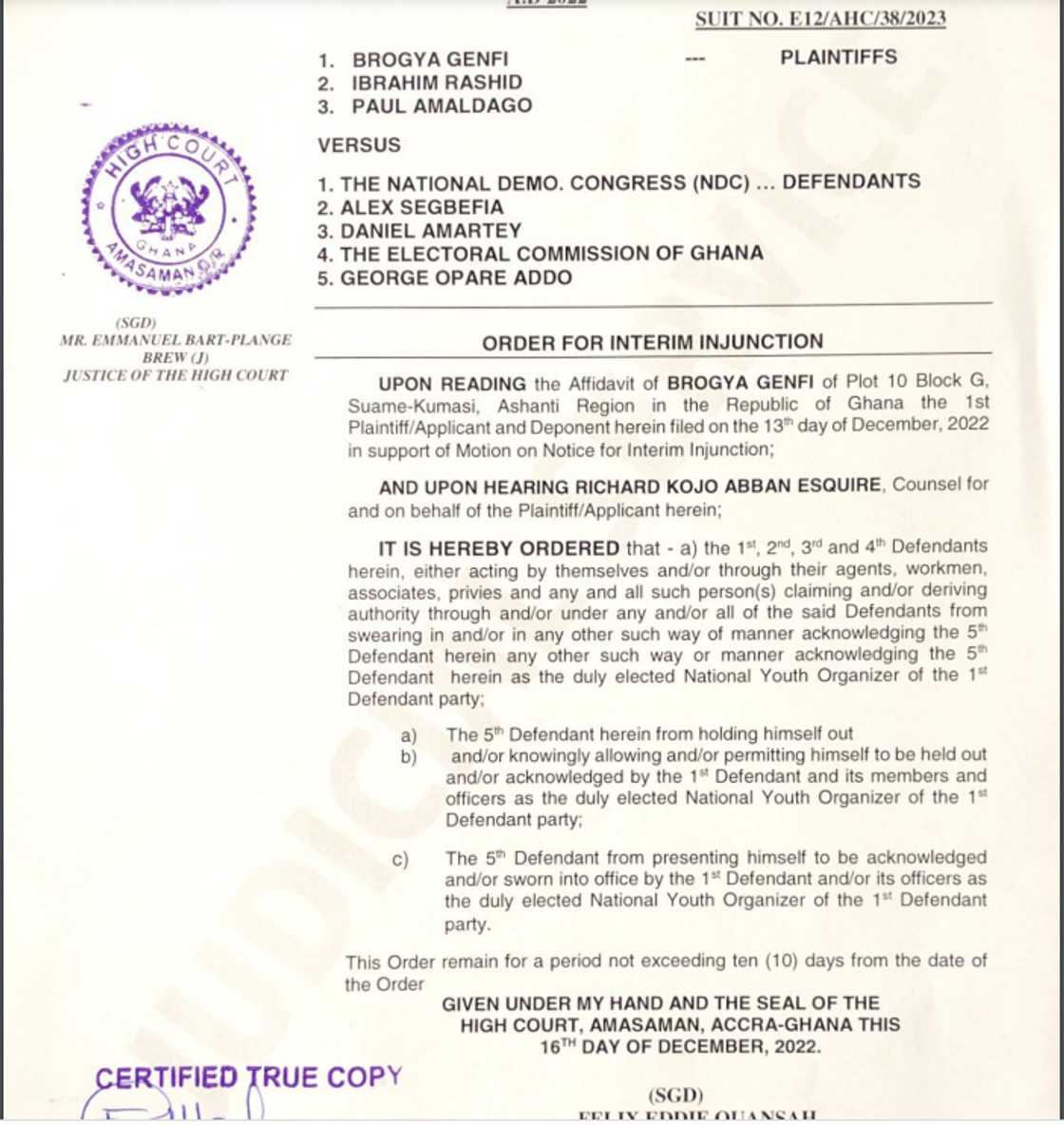 The Amasaman High Court has placed an injunction on the swearing-in of Pablo as NDC Youth Organiser. The Amasaman High Court has placed an injunction on the swearing-in of Pablo as NDC Youth Organiser.