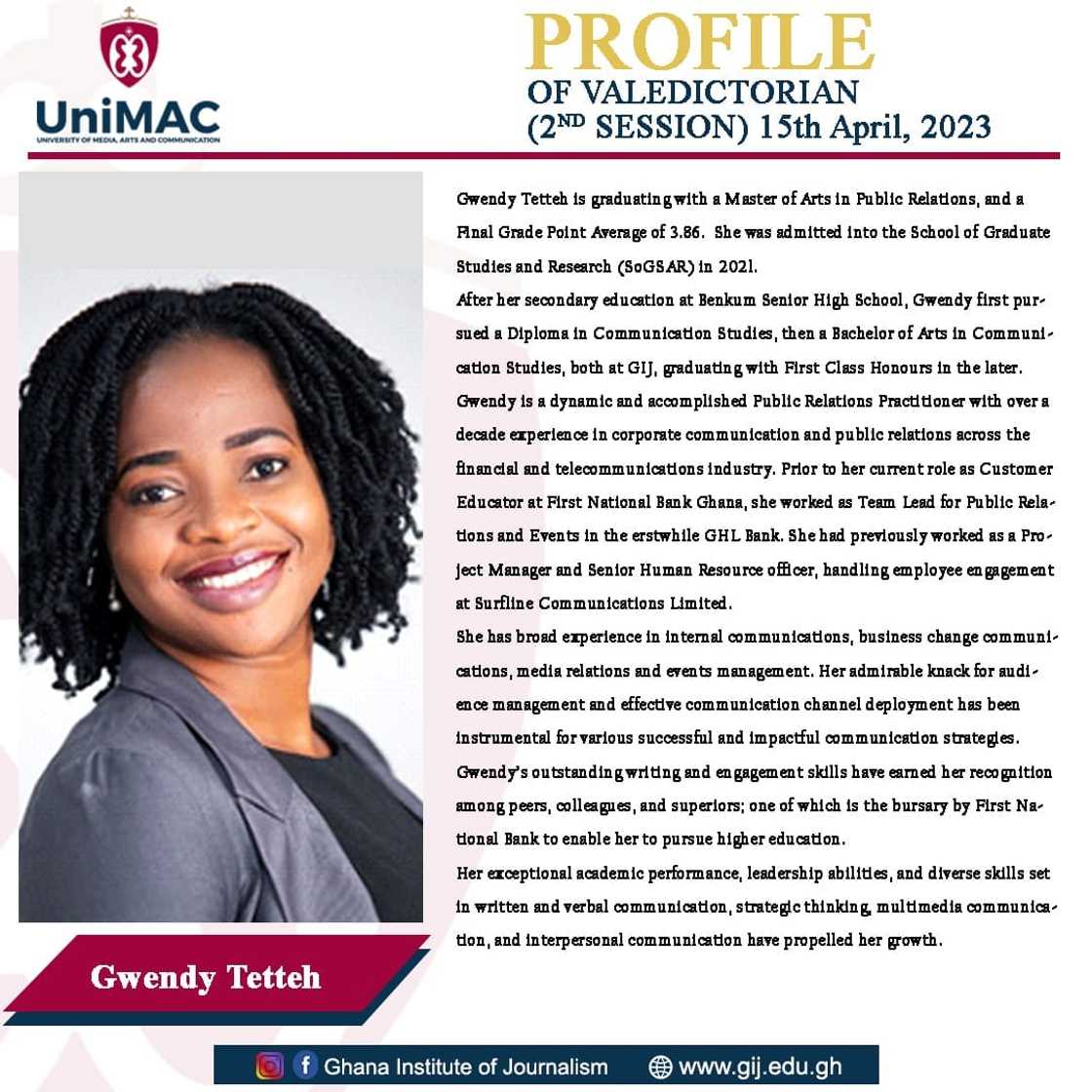 Profile of 2023 valedictorian of UniMAC graduate school. Profile of 2023 valedictorian of UniMAC graduate school.